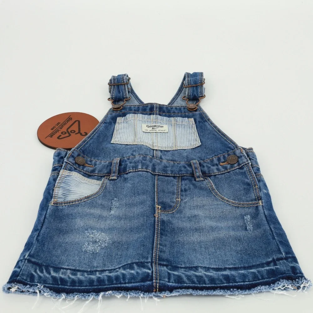 OshKosh‎ Bgosh Girls 24M Denim Overall Jumper Dress Hickory Stripe Pockets Blue